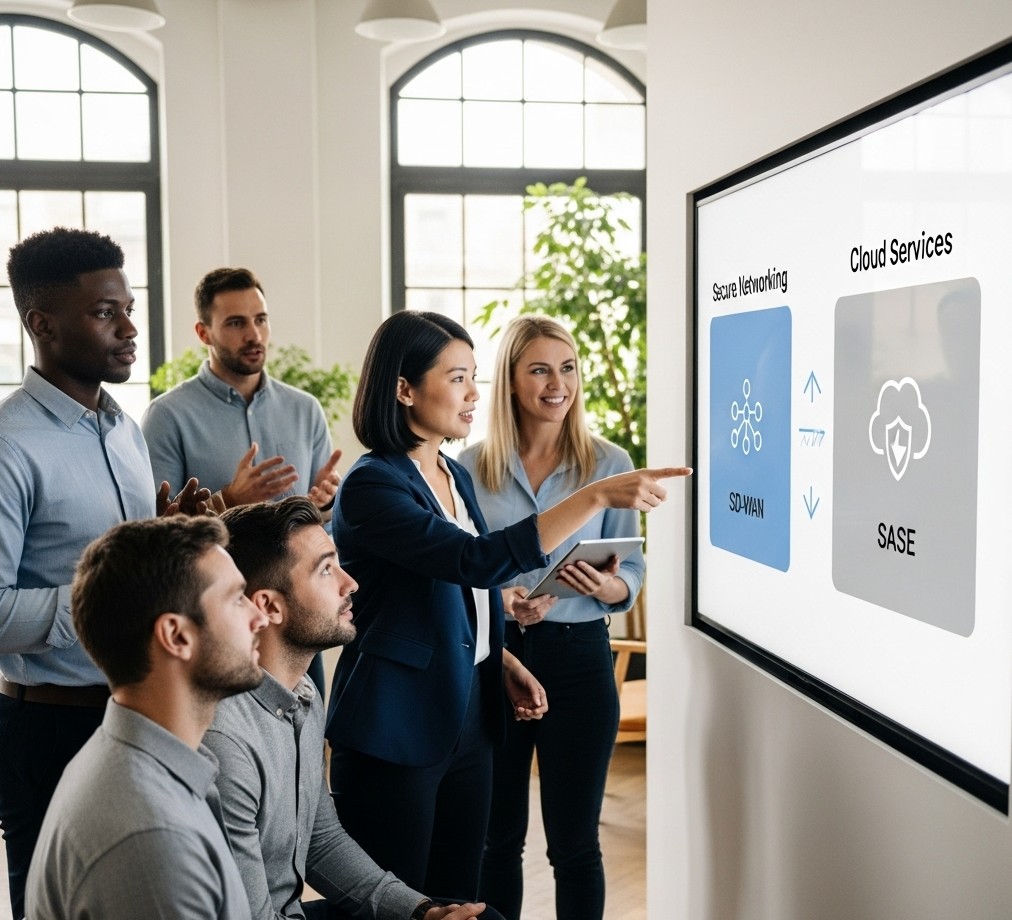Team bespricht SD-WAN und SASE am Bildschirm für die MSP-Auswahl bei SAVECALL