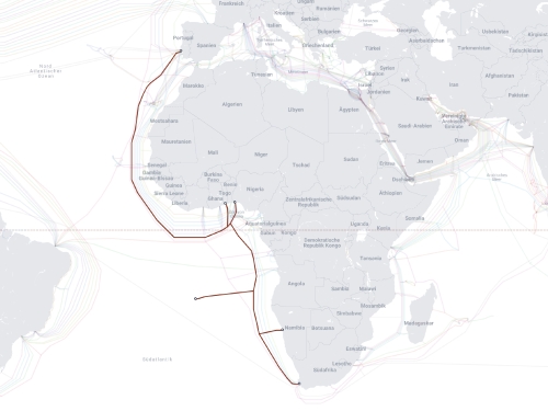 Equiano submarine cable route map - Submarine cable Europe Africa high capacity