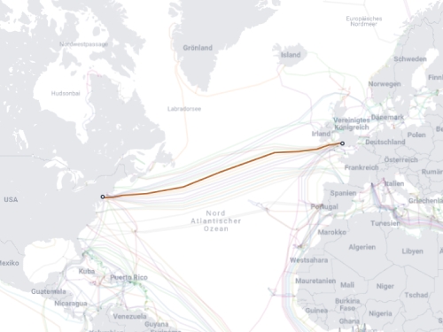 Tata TGN-Atlantic submarine cable route map - transatlantic submarine cable USA Europe