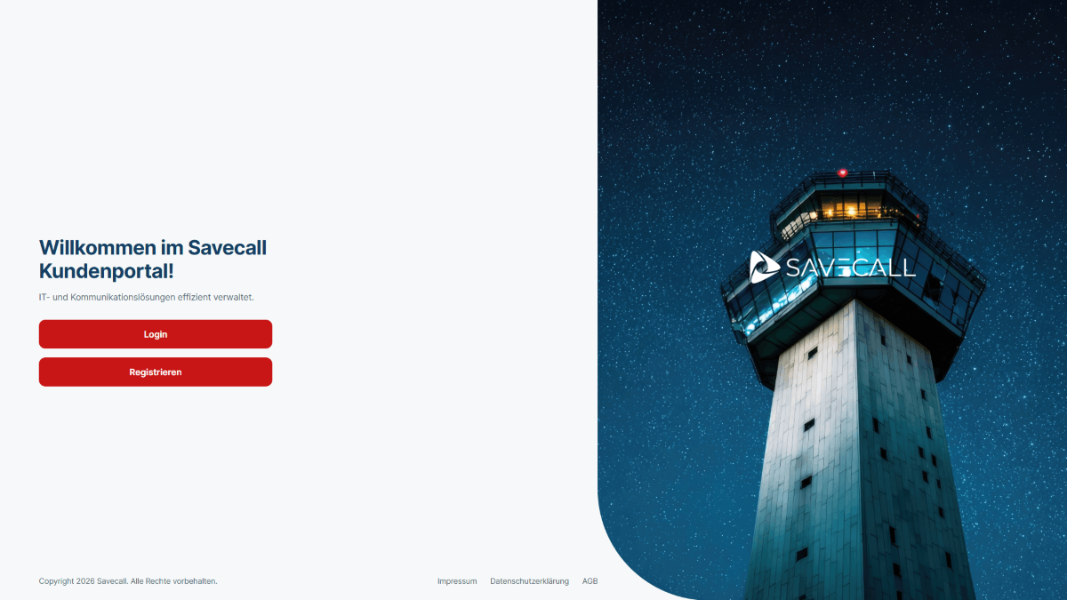Login-Fenster der Self-Service-Plattform für internationale Konnektivität bei SAVECALL
