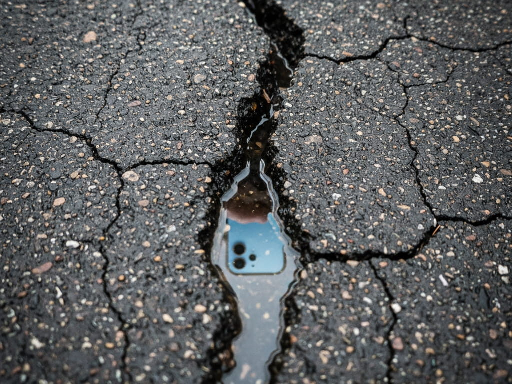 Gebrochener Asphalt mit Smartphone-Spiegelung in Riss – Sicherheitslücke durch mobile Endgeräte