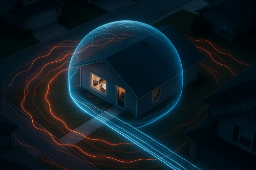 Haus mit digitalem Schutzschild und leuchtenden Datenströmen - Symbol für Netzwerksicherheit, Firewalls und geschützte IT-Infrastruktur durch Savecall.