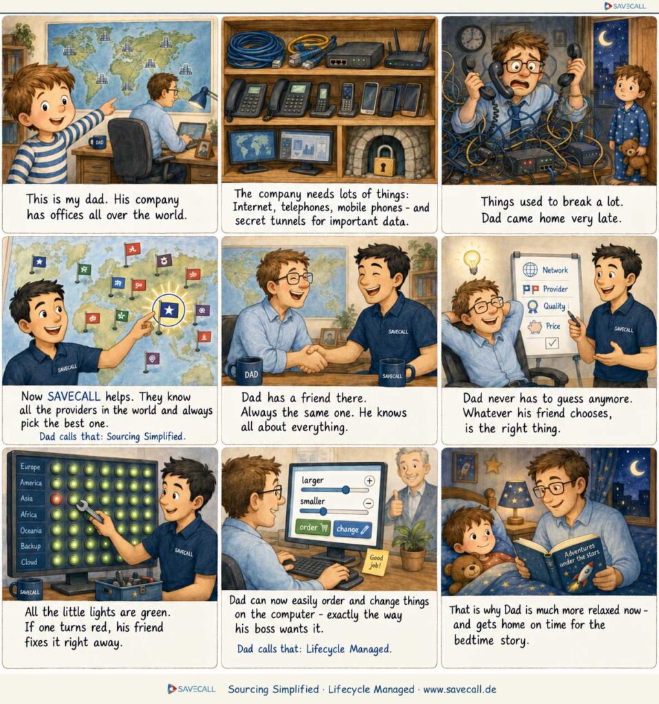 SAVECALL explained for kids, in comic style